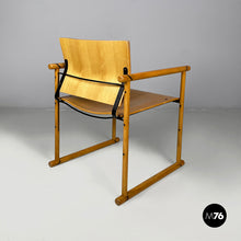 Load image into Gallery viewer, Chairs with armrests in wood and black metal, 1970s

