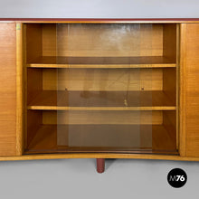 画像をギャラリービューアに読み込む, Sideboard in wood, glass and burgundy leather, 1960s
