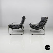 Load image into Gallery viewer, Armchairs in metal and black synthetic leather, 1970s
