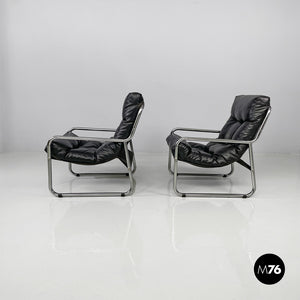 Armchairs in metal and black synthetic leather, 1970s