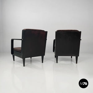Armchairs in wood and brown velvet, 1940s