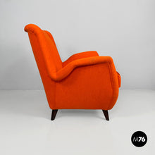 画像をギャラリービューアに読み込む, Armchair with orange fabric and wood, 1950s
