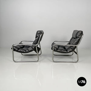 Armchairs in metal and black synthetic leather, 1970s