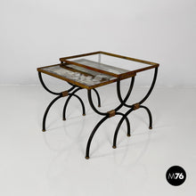 Load image into Gallery viewer, Stackable metal and glass coffee tables, 1940s
