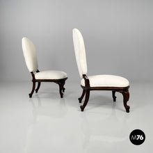 将图片加载到图库查看器，Wooden and white fabric armchairs, 1930s
