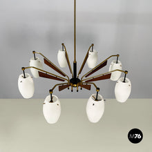 Carica l&#39;immagine nel visualizzatore di Gallery, 8-light chandelier in opaline glass, brass, metal and wood, 1950s
