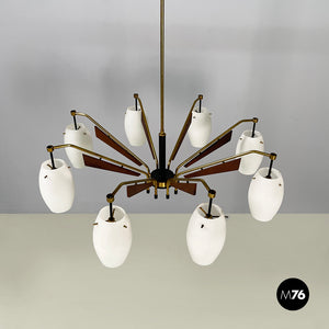 8-light chandelier in opaline glass, brass, metal and wood, 1950s