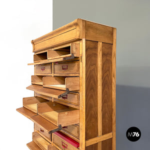 Office filing cabinet in wood and red metal, 1940s