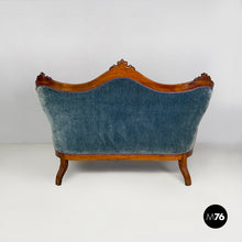 将图片加载到图库查看器，Sofa in light blue velvet and wood, 1930s
