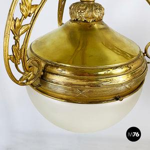 Chandelier in molded satin glass and brass, early 1900s