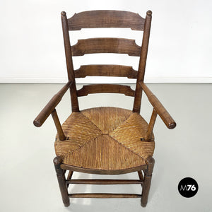 Wood and straw chair with armrests, late 1800s