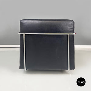 Armchair in black leather and metal, 1980s