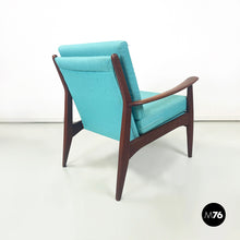 Load image into Gallery viewer, Armchairs in light blue fabric and wood, 1960s

