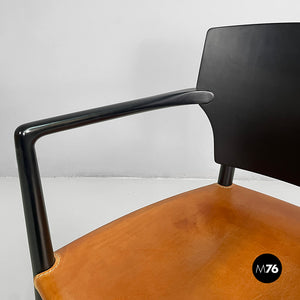 Chairs in black wood and brown leather, 1980s