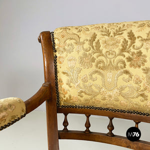 Armchairs in wood and yellow fabric, end of 1800s