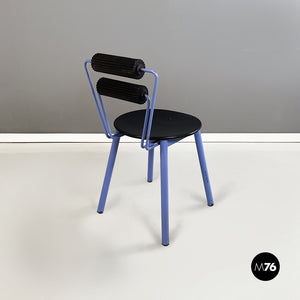 Chairs in blue metal, black wood and black rubber, 1980s