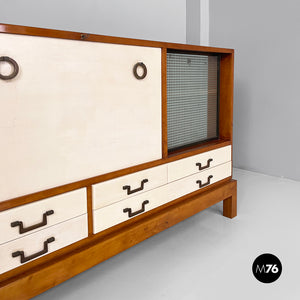 Sideboard in wood, brass and glass, 1940s