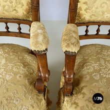 Charger l&#39;image dans la galerie, Armchairs in wood and yellow fabric, end of 1800s
