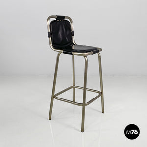 Stools in metal and black leather, 1970s