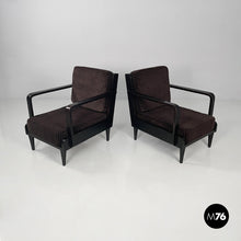 将图片加载到图库查看器，Armchairs in wood and brown velvet, 1940s
