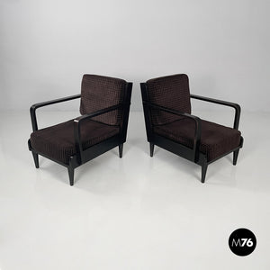 Armchairs in wood and brown velvet, 1940s