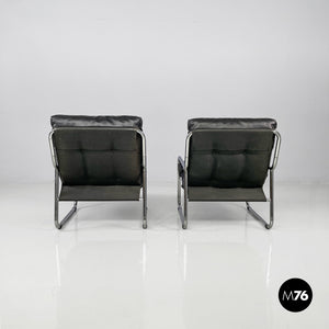 Armchairs in metal and black synthetic leather, 1970s