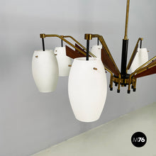 Carica l&#39;immagine nel visualizzatore di Gallery, 8-light chandelier in opaline glass, brass, metal and wood, 1950s
