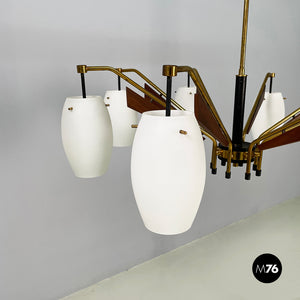 8-light chandelier in opaline glass, brass, metal and wood, 1950s