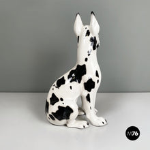 Load image into Gallery viewer, Black and white ceramic sculpture of Harlequin Great Dane dog, 1980s
