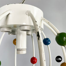 Load image into Gallery viewer, White iron chandelier with colored spheres, 1940s
