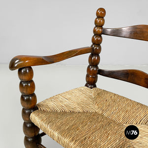 Armchairs in wood and straw, 1960s