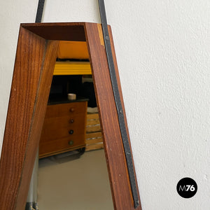 Wall mirror in wood and black leather, 1960s