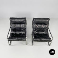 Load image into Gallery viewer, Armchairs in metal and black synthetic leather, 1970s
