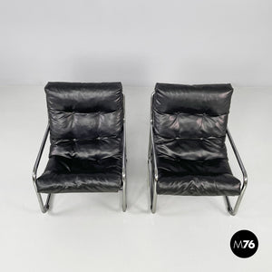 Armchairs in metal and black synthetic leather, 1970s