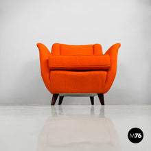 画像をギャラリービューアに読み込む, Armchair with orange fabric and wood, 1950s
