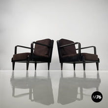 将图片加载到图库查看器，Armchairs in wood and brown velvet, 1940s
