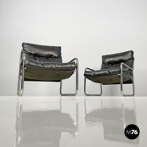 Armchairs in metal and black synthetic leather, 1970s