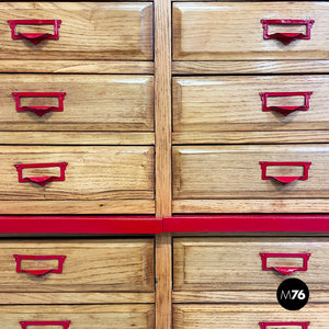 Office filing cabinet in wood and red metal, 1940s