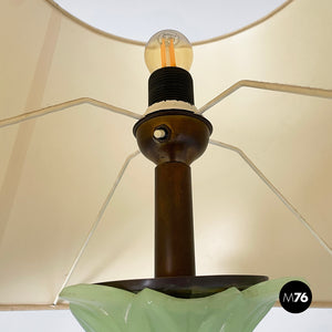 Floor lamp in fabric and green opaline glass, 1930s