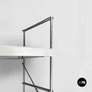 Modular wall bookcase in white metal and steel, 1980s