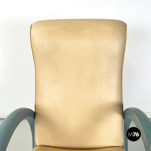 Armchair in beige leather and light blue wood, 1980s