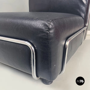 Armchair in black leather and metal, 1980s