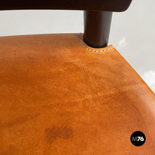 将图片加载到图库查看器，Chairs in black wood and brown leather, 1980s
