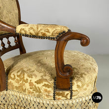 Charger l&#39;image dans la galerie, Armchairs in wood and yellow fabric, end of 1800s
