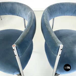 Tub chairs in blue velvet and metal, 1980s