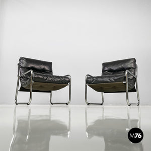 Armchairs in metal and black synthetic leather, 1970s