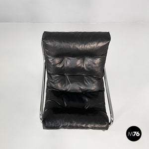 Armchairs in metal and black synthetic leather, 1970s