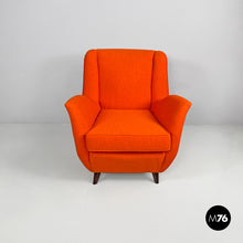 画像をギャラリービューアに読み込む, Armchair with orange fabric and wood, 1950s
