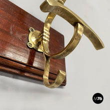 将图片加载到图库查看器，Wall coat rack in wood and brass, 1920s

