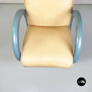 Armchair in beige leather and light blue wood, 1980s